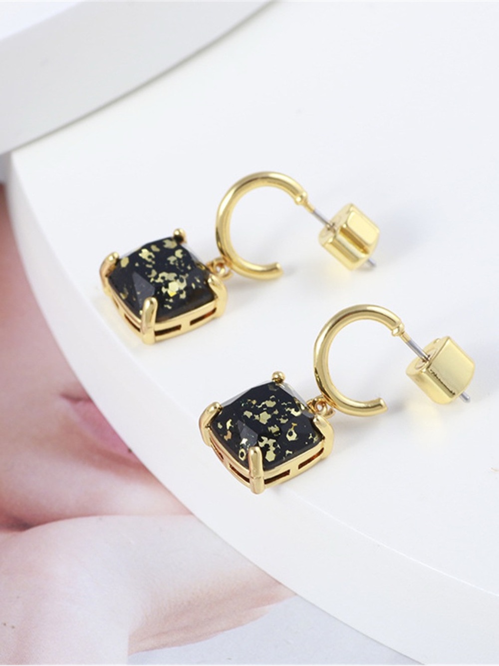 Kate Spade Black Gold Rhinestone Square C Shape Earrings Fashion Jewelry